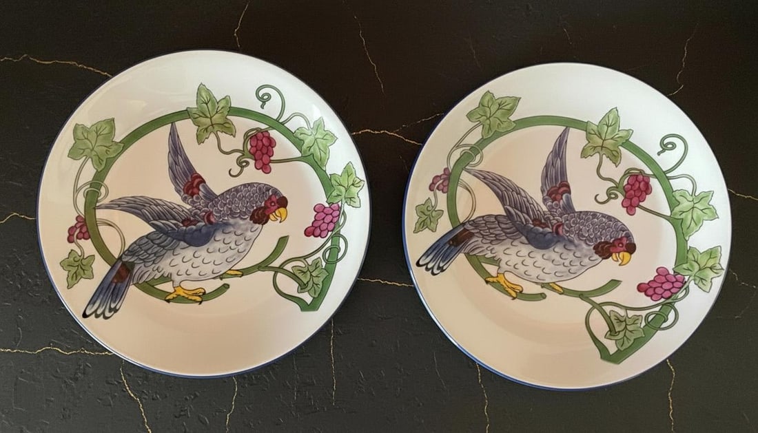Philippe DeShoulieres Toucan & Parrot Porcelain Appetizer Plates Set of 4 Cobalt - 2