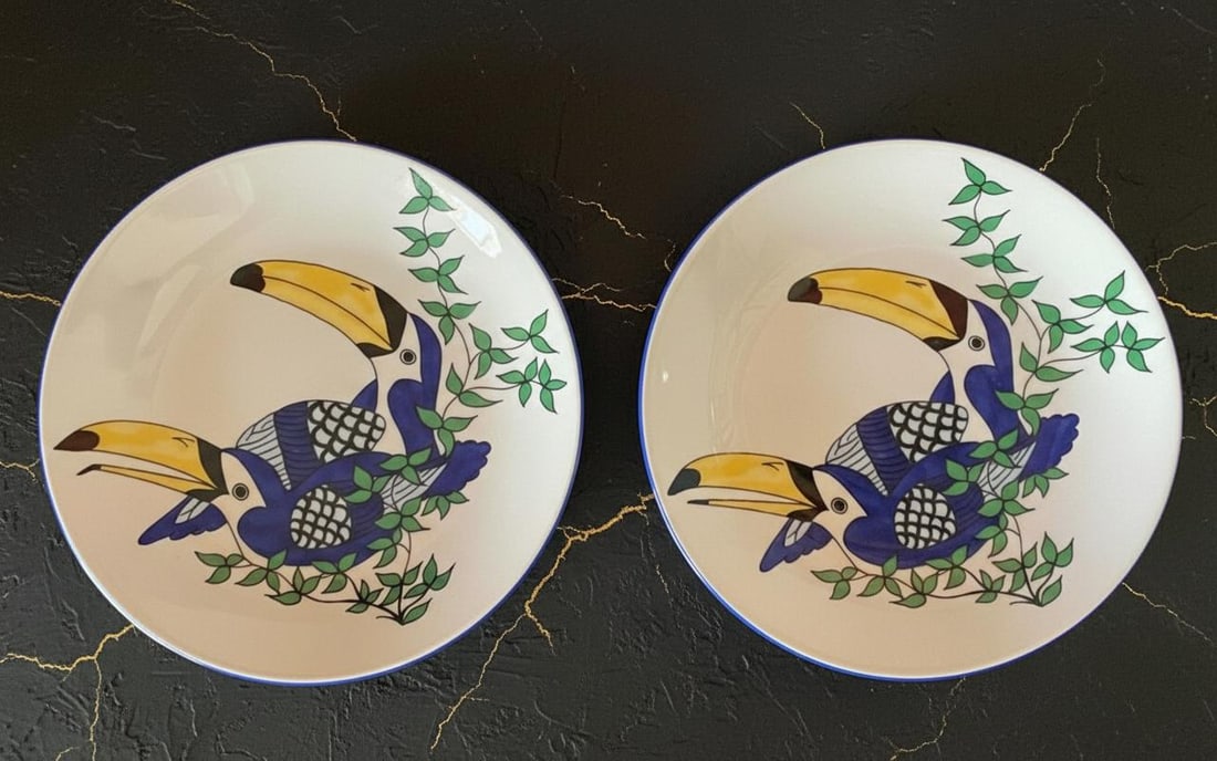 Philippe DeShoulieres Toucan & Parrot Porcelain Appetizer Plates Set of 4 Cobalt - 3