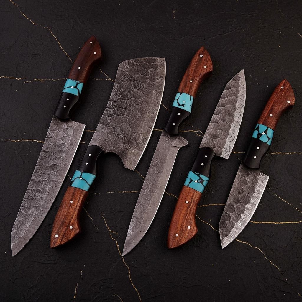 512 Layer Twist Pattern Damascus Steel Knife Set, 5 Piece Hand Forged Chef Cutlery - 2