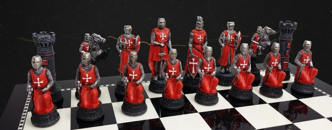 Red & Blue Crusades Chess Set Medieval Maltese Knight Hand Painted Pieces Only - 6