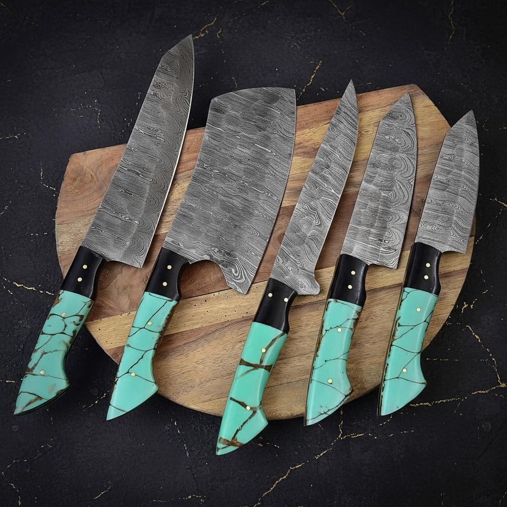 Hand Forged 5-Piece Damascus Steel Knife Set, Twist Pattern Kitchen Chef Knives: Title:Hand Forged 5-Piece Damascus Steel Knife Set, Twist Pattern Kitchen Chef KnivesDescription:Discover a versatile and beautifully crafted 5-piece kitchen knife set, expertly hand forged from high