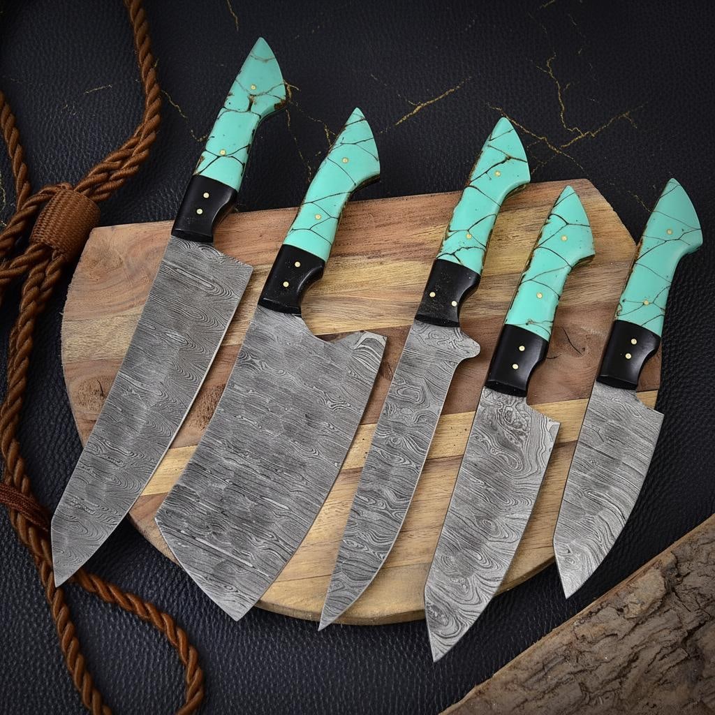 Hand Forged 5-Piece Damascus Steel Knife Set, Twist Pattern Kitchen Chef Knives - 2