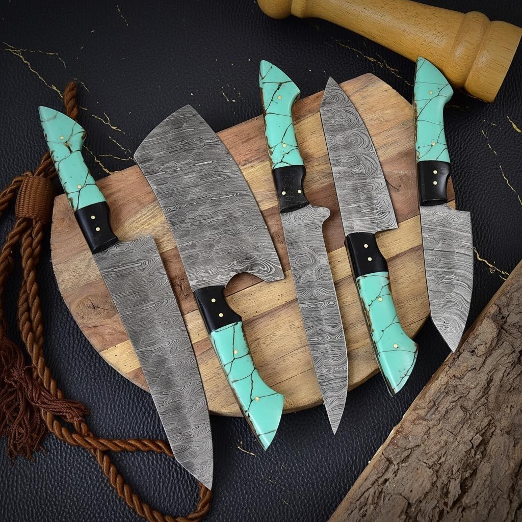 Hand Forged 5-Piece Damascus Steel Knife Set, Twist Pattern Kitchen Chef Knives - 3