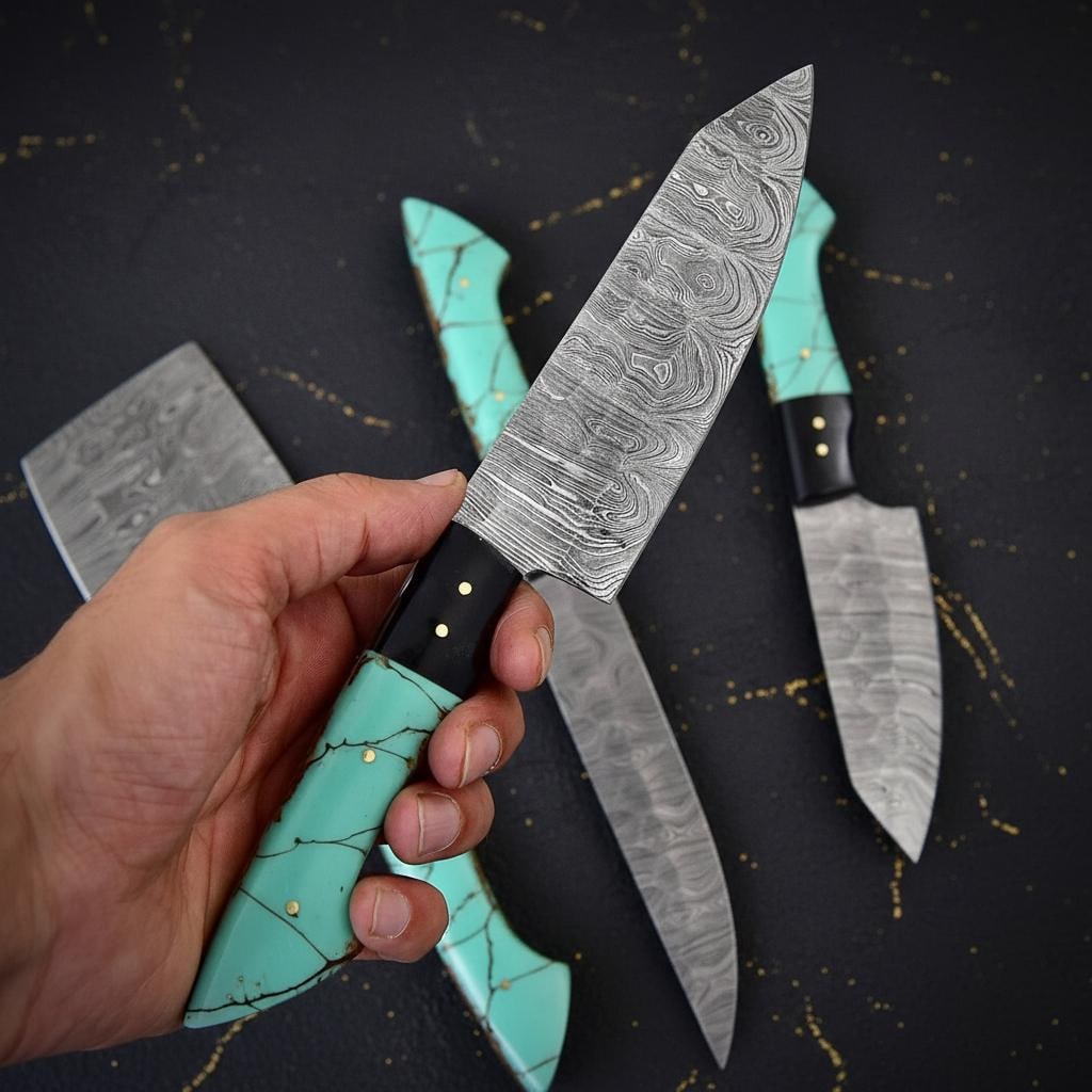 Hand Forged 5-Piece Damascus Steel Knife Set, Twist Pattern Kitchen Chef Knives - 4