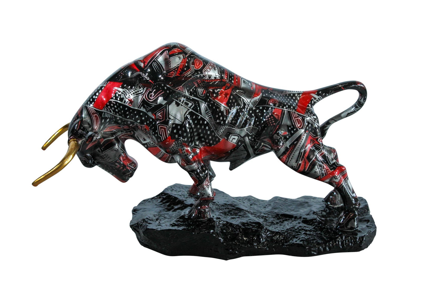 Resin Bull Statue -Abstract Street Art Indoor/Outdoor Sculpture, Red Black & Silver Patterned: Title:Resin Bull Statue -Abstract Street Art Indoor/Outdoor Sculpture, Red Black & Silver Patterned Charging Bull with Gold Horns on Glossy Black Base,Modern Decor &Collector's Figurine 14" x 4" x