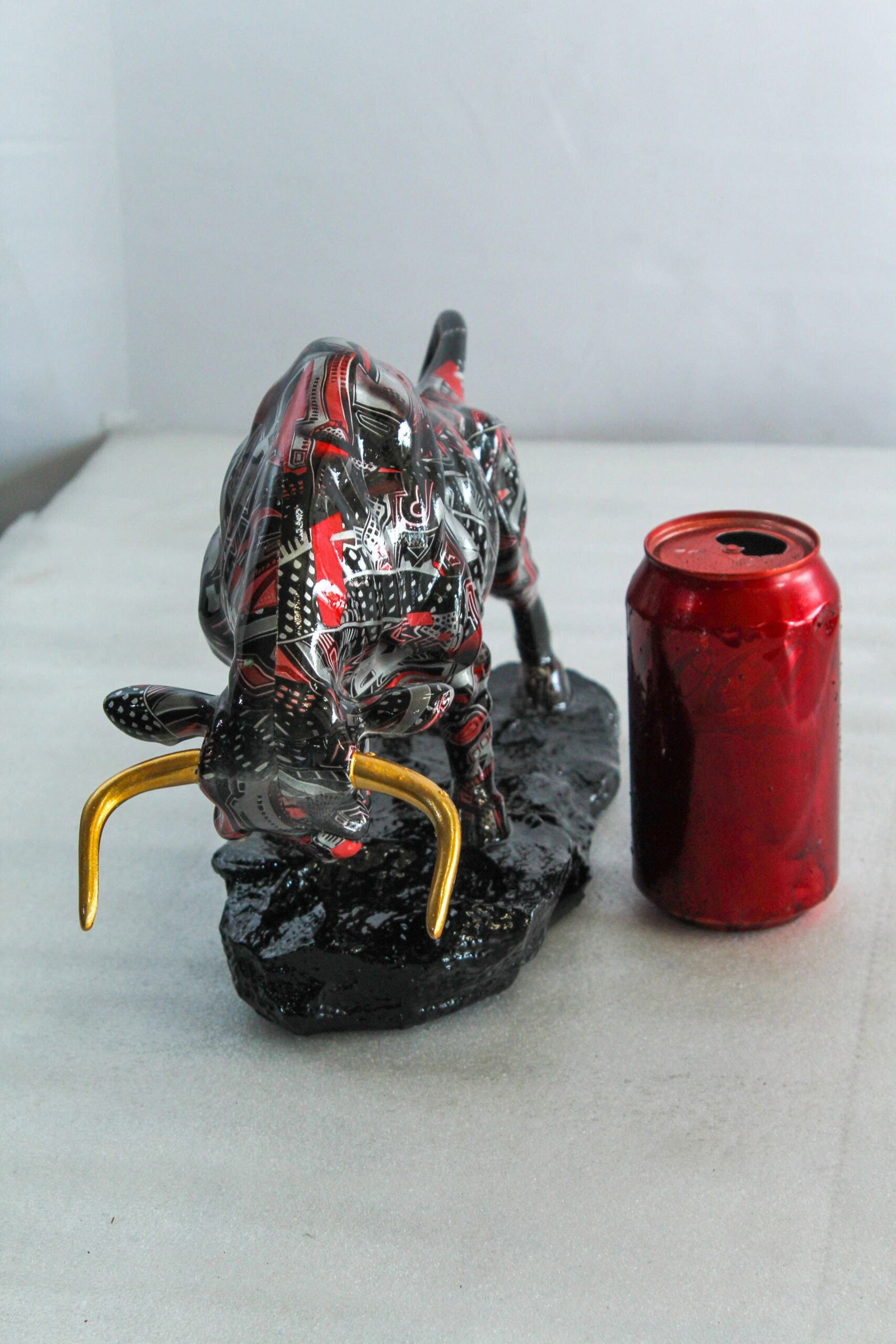 Resin Bull Statue -Abstract Street Art Indoor/Outdoor Sculpture, Red Black & Silver Patterned - 2