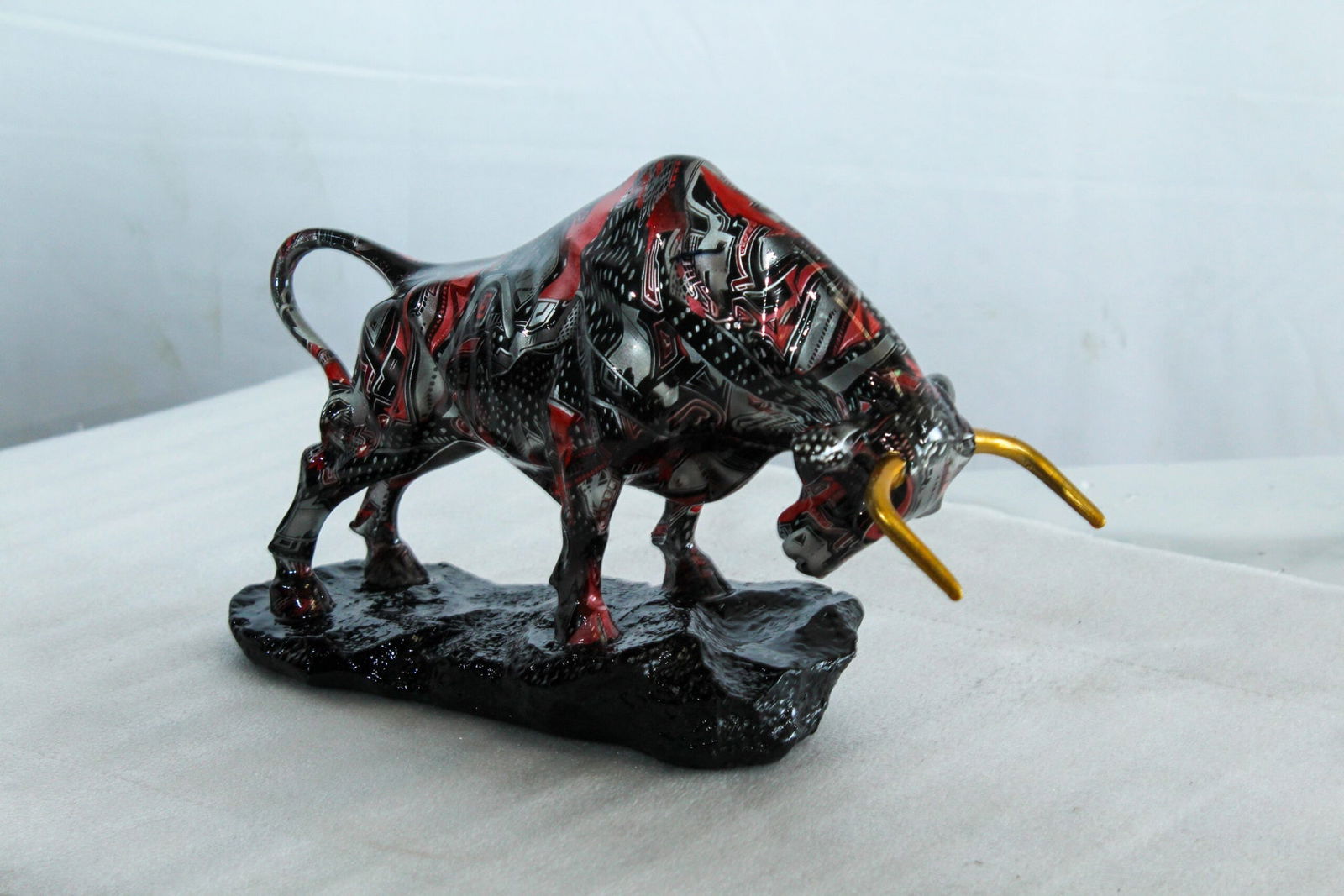 Resin Bull Statue -Abstract Street Art Indoor/Outdoor Sculpture, Red Black & Silver Patterned - 5