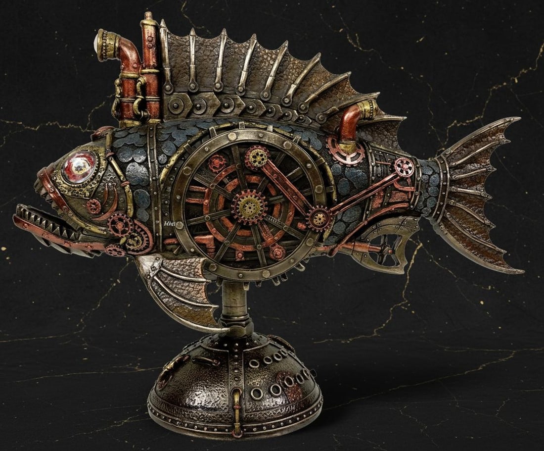 Steampunk Anglerfish Submarine Sculpture 12 Inch LED Light Statue Cold Cast Bronze: Title:Steampunk Anglerfish Submarine Sculpture 12 Inch LED Light Statue Cold Cast BronzeDescription:This detailed Steampunk sculpture depicts an anglerfish submarine, a unique statue that functions