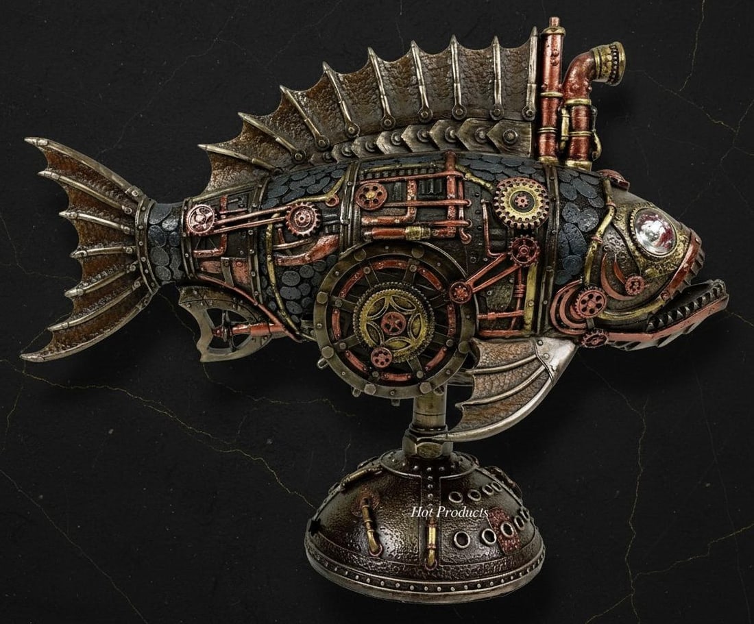 Steampunk Anglerfish Submarine Sculpture 12 Inch LED Light Statue Cold Cast Bronze - 3