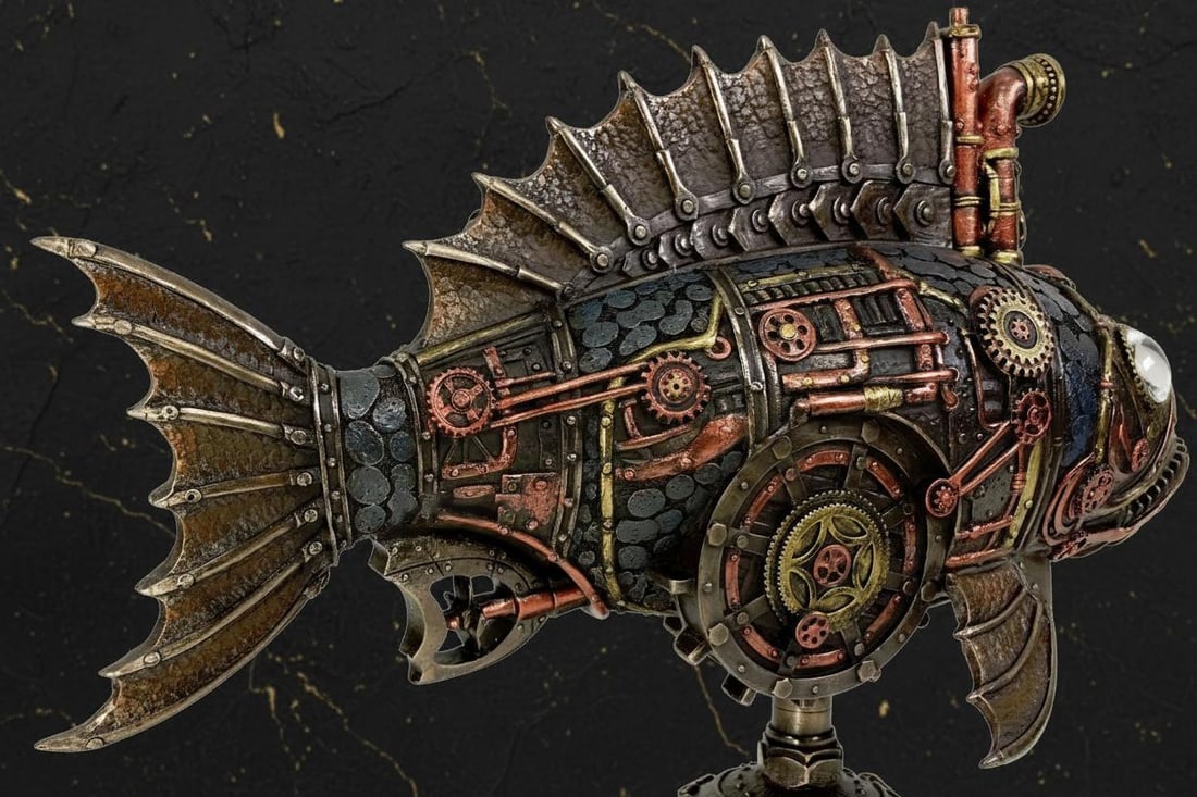 Steampunk Anglerfish Submarine Sculpture 12 Inch LED Light Statue Cold Cast Bronze - 4