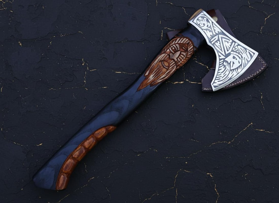 Hand Forged Carbon Steel Viking Axe with Engraved Ash Wood Handle & Sheath - 3