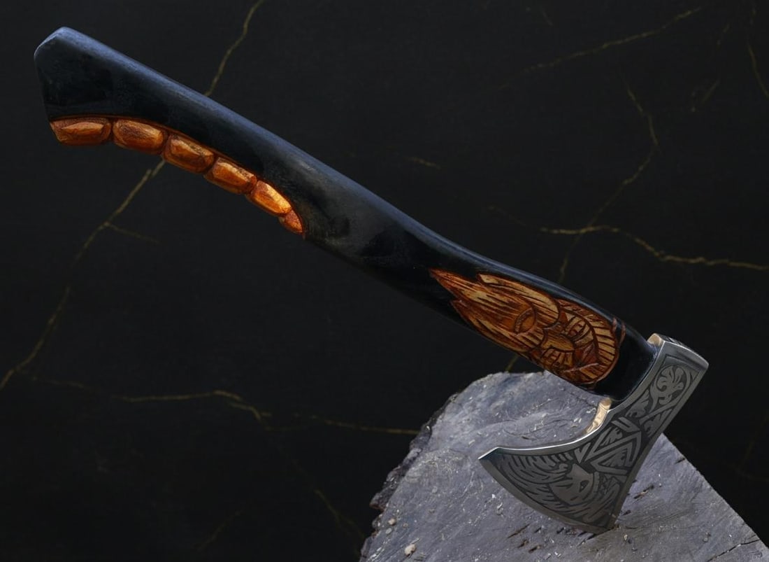 Hand Forged Carbon Steel Viking Axe with Engraved Ash Wood Handle & Sheath - 9