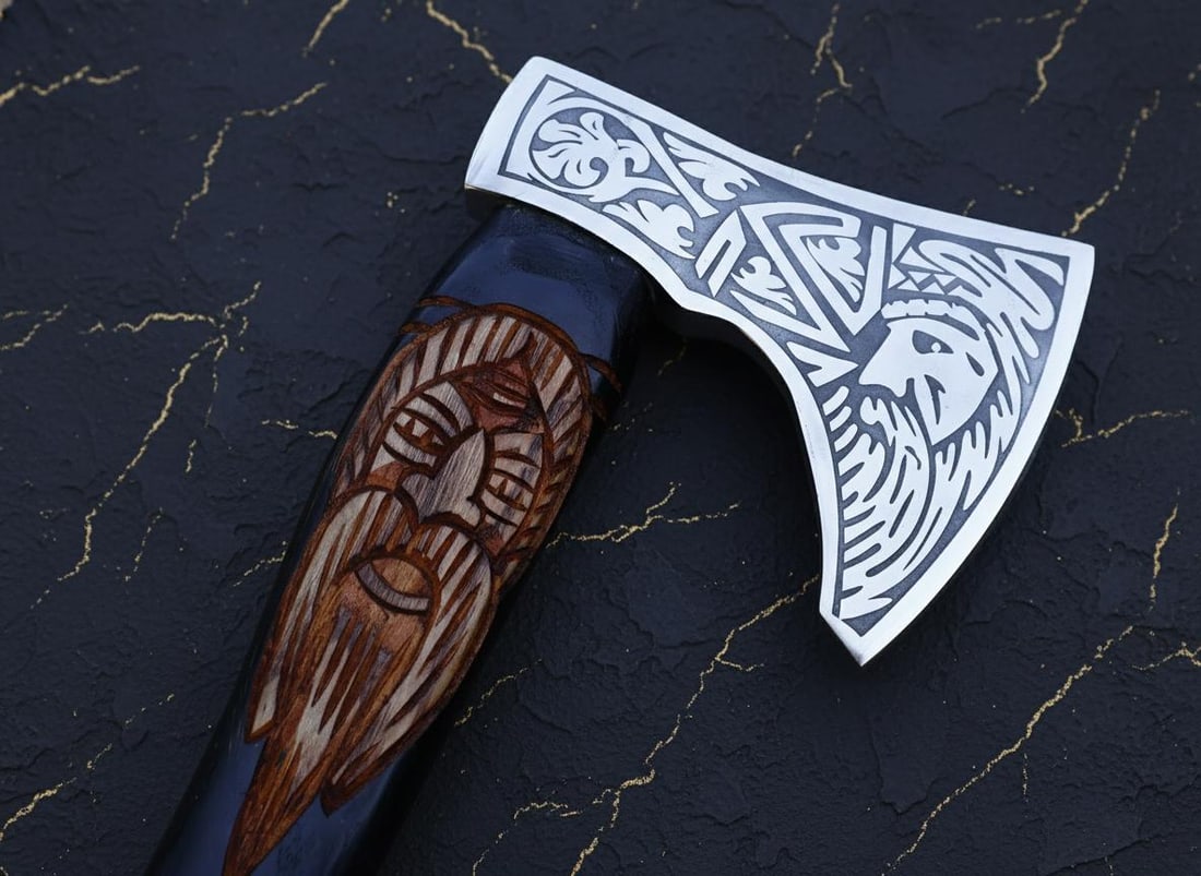 Handmade Viking Style Tomahawk Axe with Etched Carbon Steel Blade & Ash Handle - 2