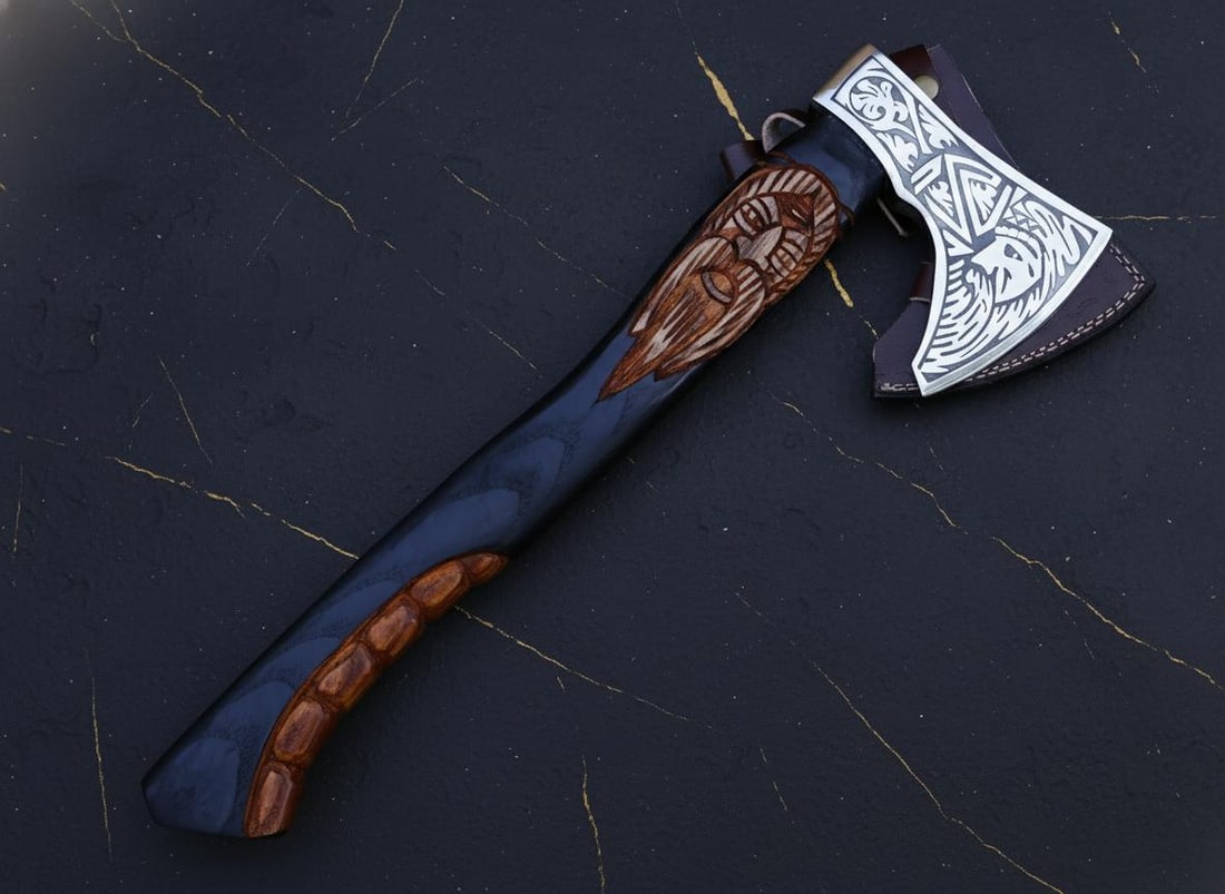 Handmade Viking Style Tomahawk Axe with Etched Carbon Steel Blade & Ash Handle - 3
