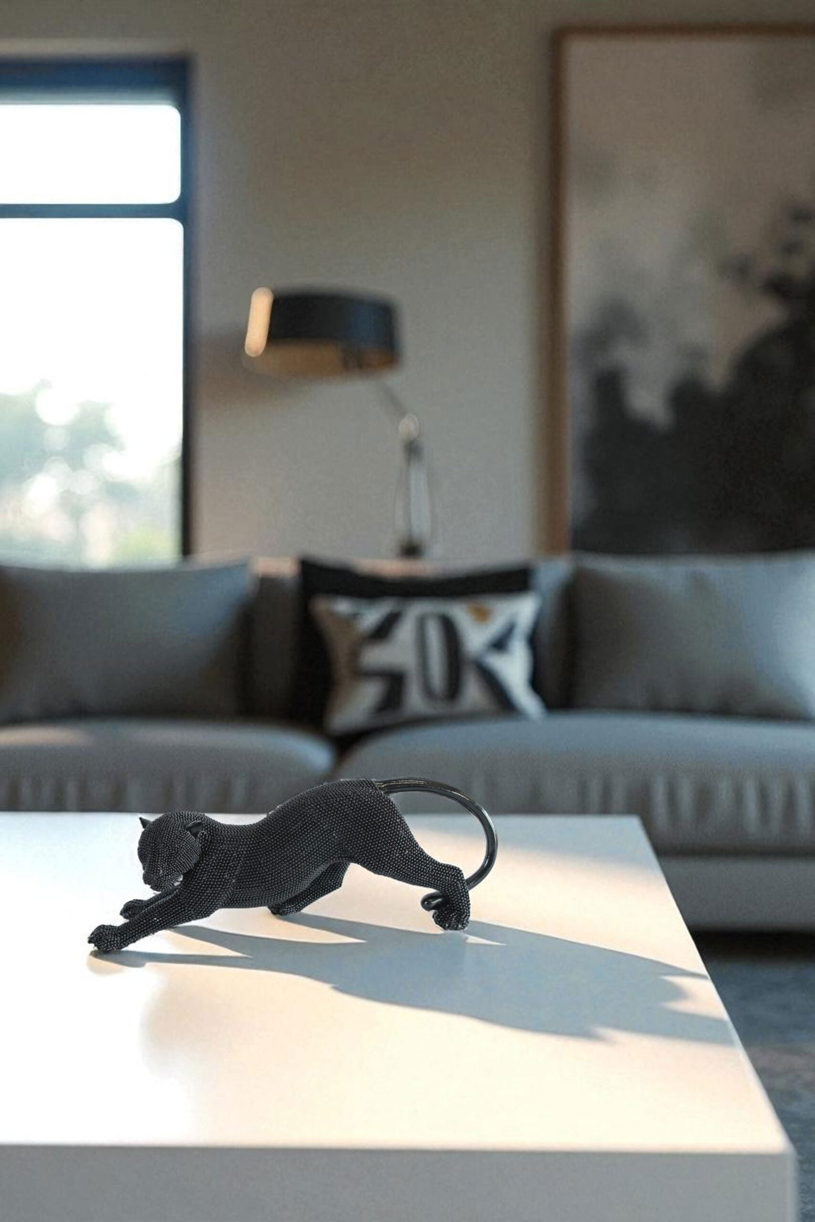 Stretching Panther Black Resin Sculpture with Beaded Texture - Luxury Designer Animal Decor - 15" x - 10