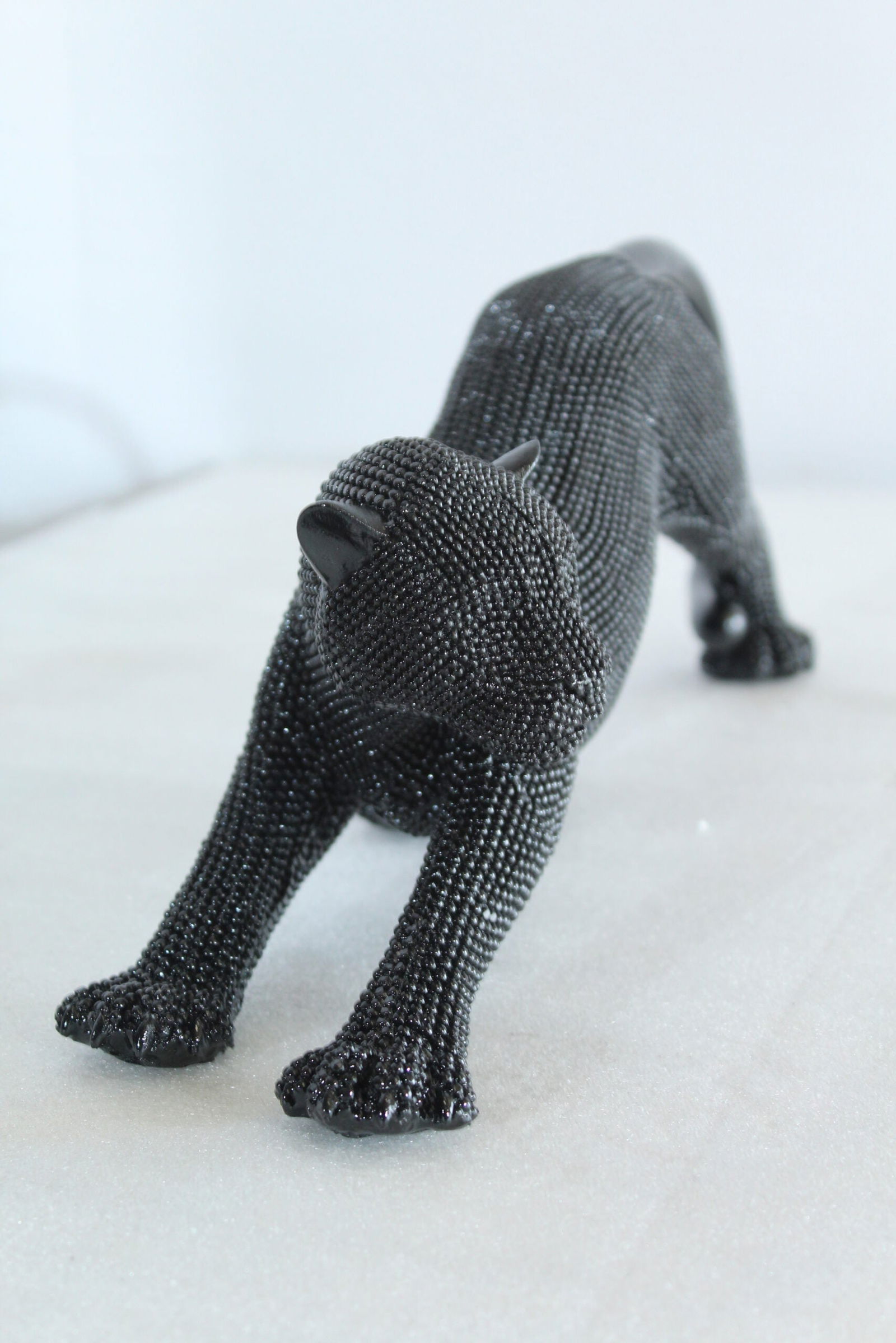 Stretching Panther Black Resin Sculpture with Beaded Texture - Luxury Designer Animal Decor - 15" x - 12