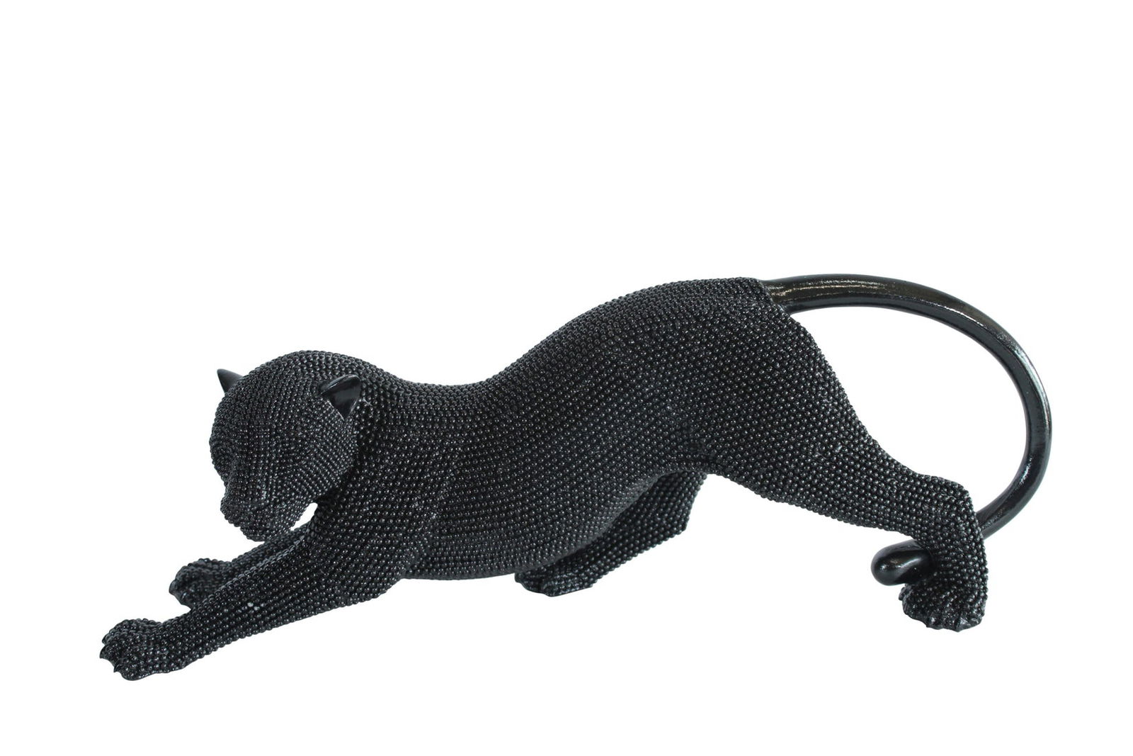 Stretching Panther Black Resin Sculpture with Beaded Texture - Luxury Designer Animal Decor - 15" x: Title:Stretching Panther Black Resin Sculpture with Beaded Texture - Luxury Designer Animal Decor - 15" x 4" x 6"HDescription:This striking black resin panther statue features a textured bead-like