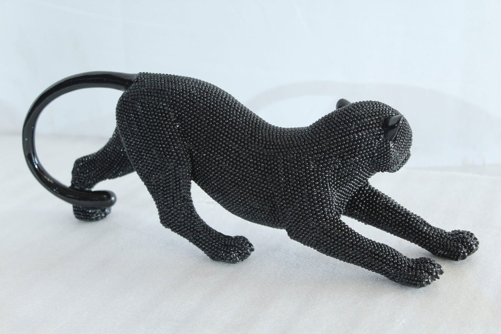 Stretching Panther Black Resin Sculpture with Beaded Texture - Luxury Designer Animal Decor - 15" x - 4
