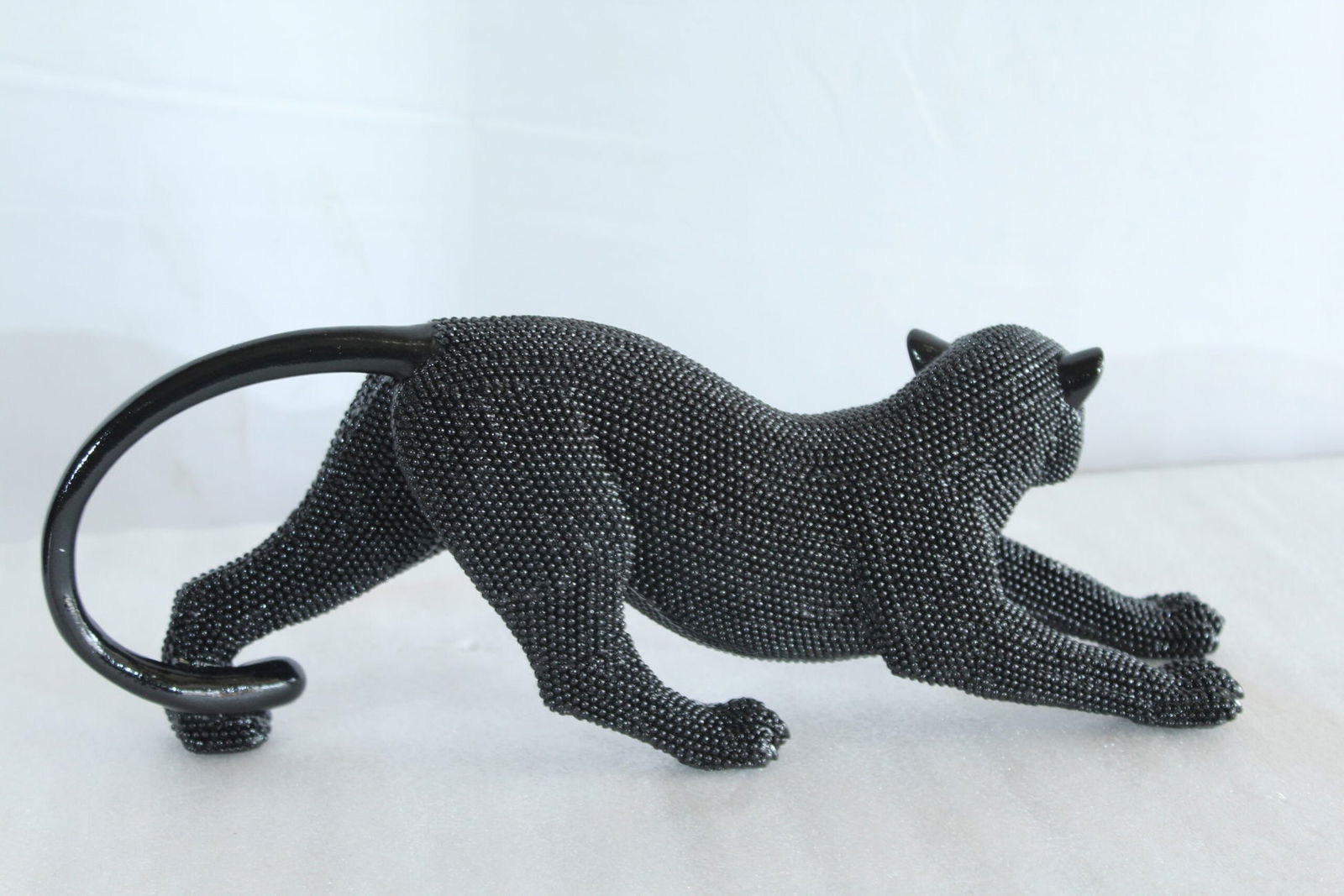 Stretching Panther Black Resin Sculpture with Beaded Texture - Luxury Designer Animal Decor - 15" x - 5
