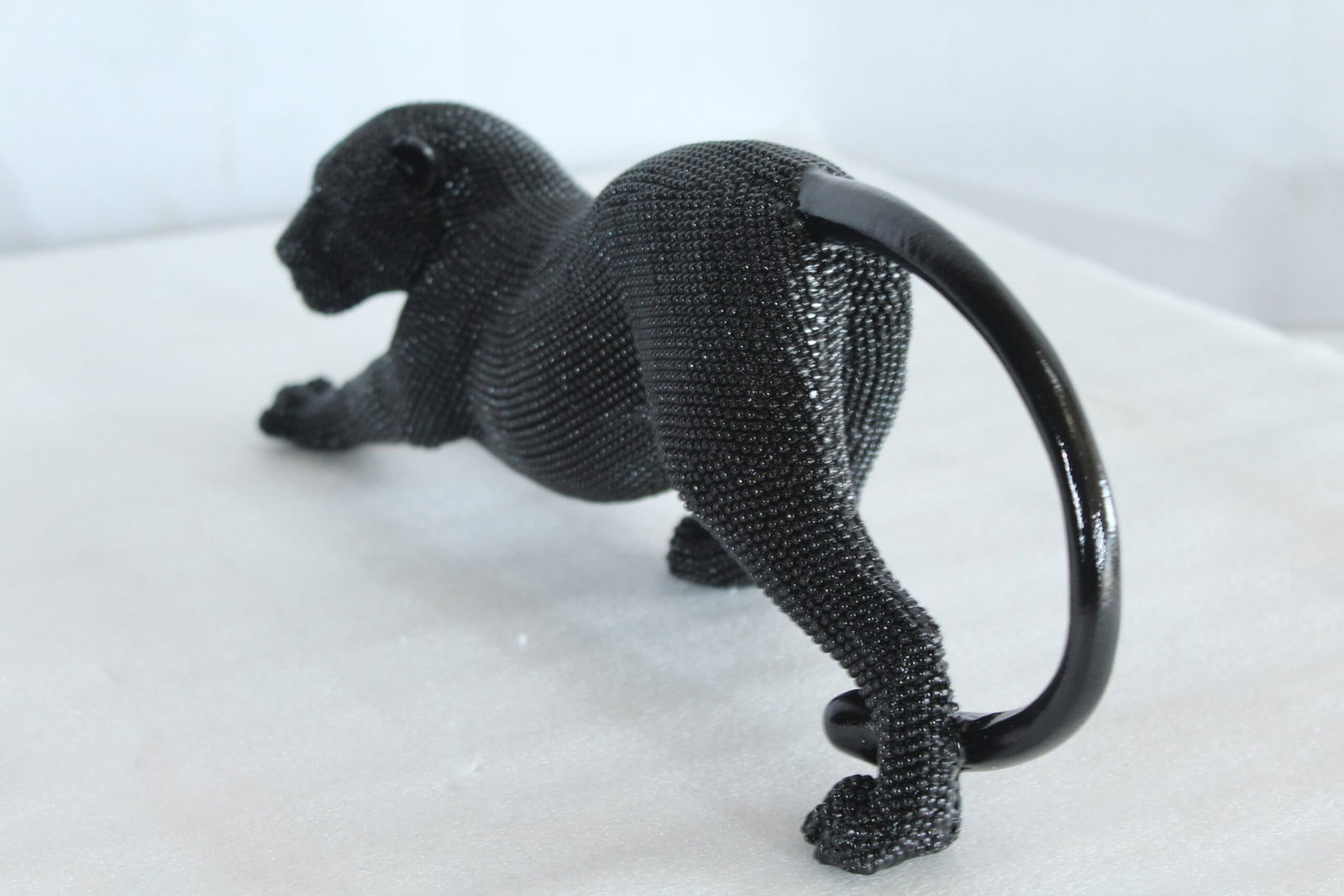 Stretching Panther Black Resin Sculpture with Beaded Texture - Luxury Designer Animal Decor - 15" x - 8