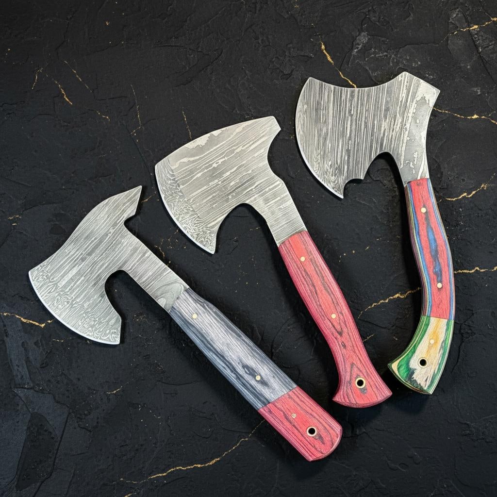 Set of 3 Handmade Damascus Steel Hatchet Axes 9" with Pakka Wood Handles (1 of 6)