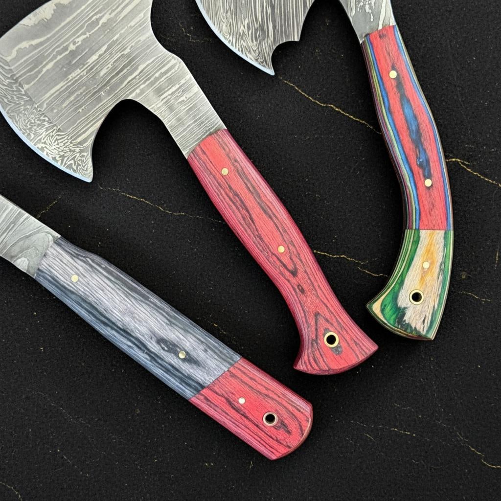 Set of 3 Handmade Damascus Steel Hatchet Axes 9" with Pakka Wood Handles - 3
