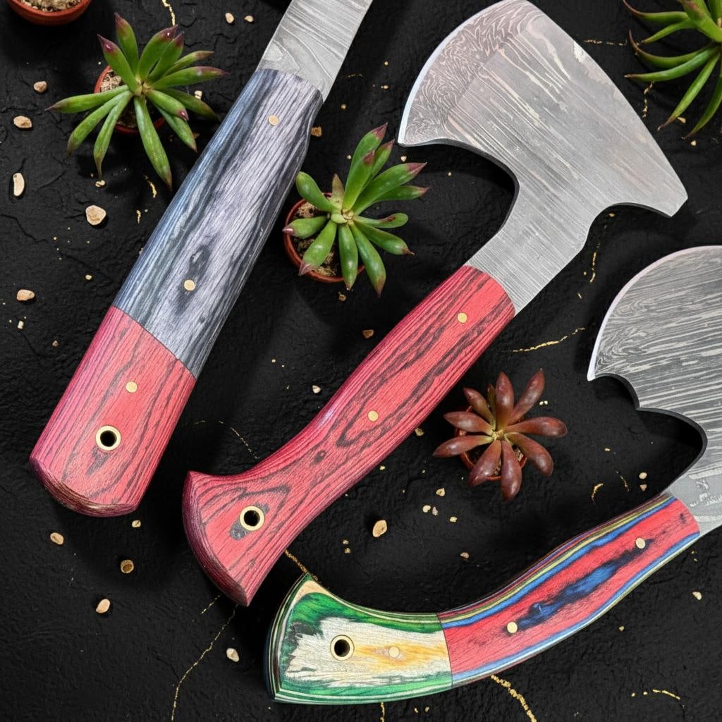 Set of 3 Handmade Damascus Steel Hatchet Axes 9" with Pakka Wood Handles - 4