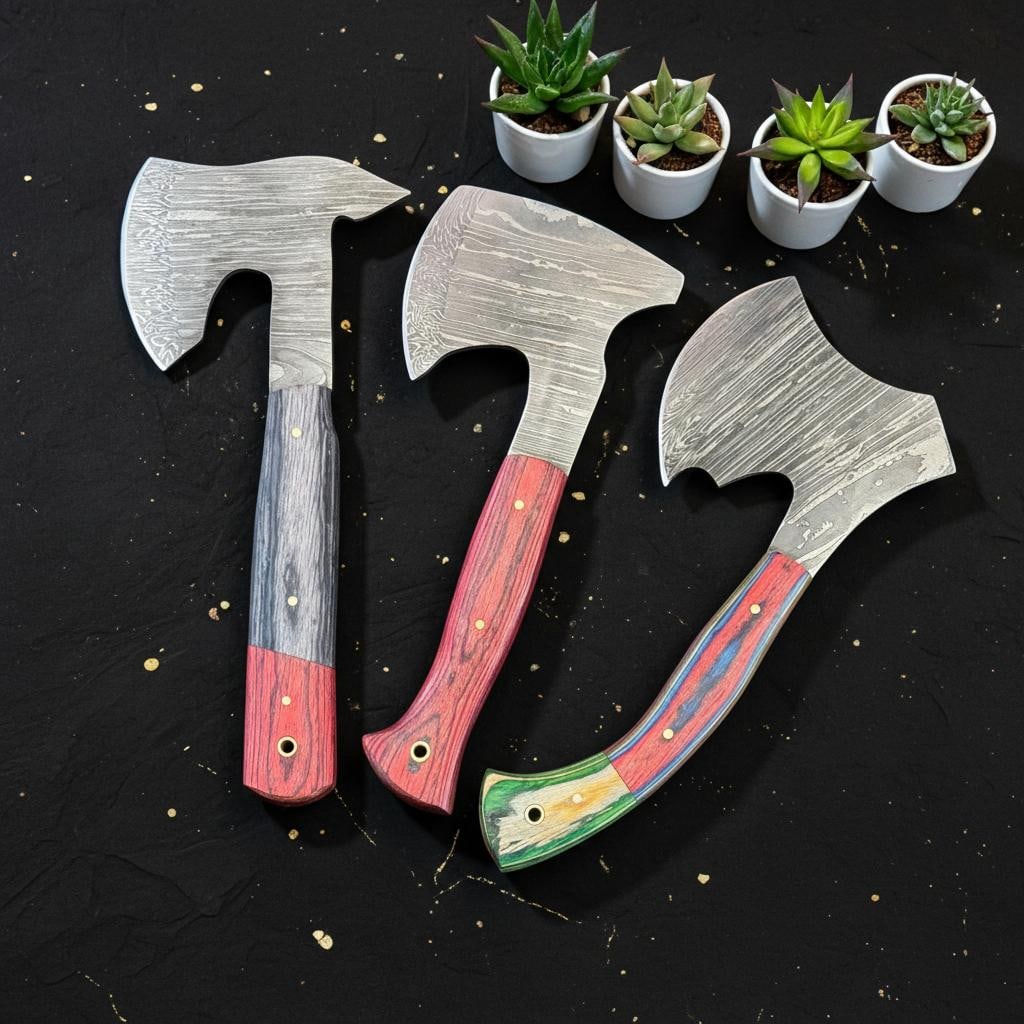 Set of 3 Handmade Damascus Steel Hatchet Axes 9" with Pakka Wood Handles - 6