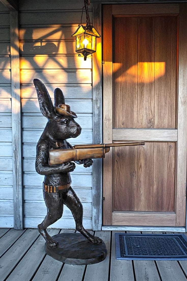 Bronze Statue of Cowboy Rabbit Holding Rifle 22" x 13" x 35"H - 3