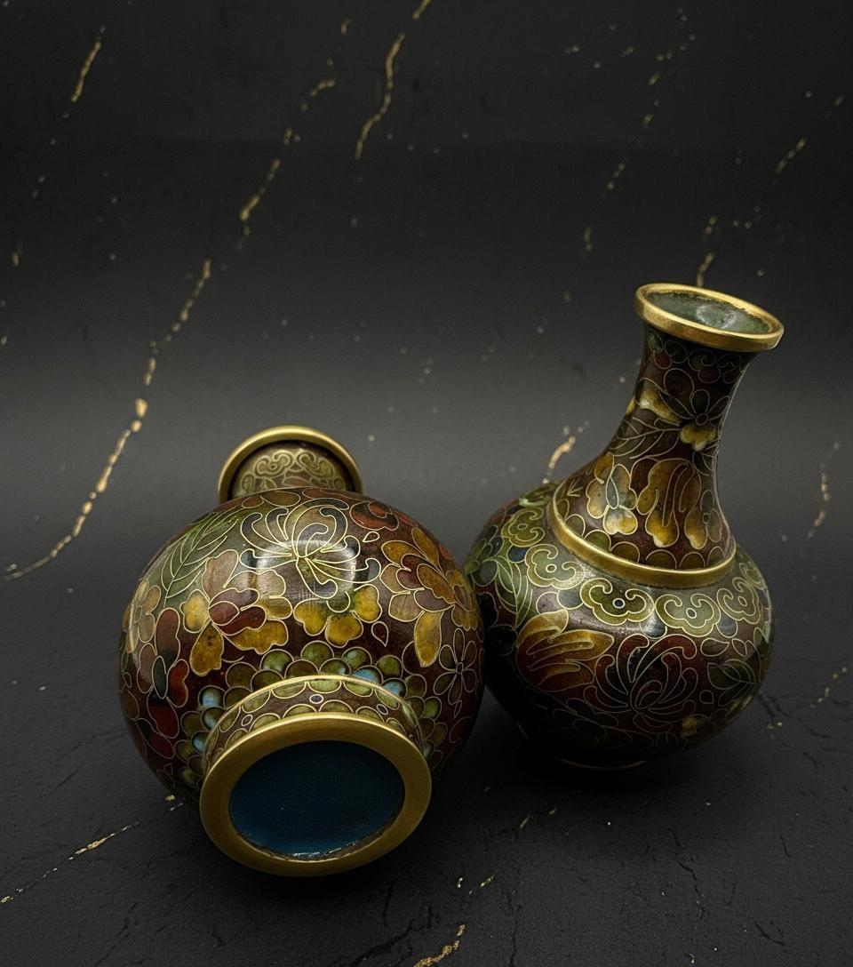 Pair of Vintage Chinese Cloisonne Vases, 4 Inch Floral Enamel with Gold Tone Trim - 2