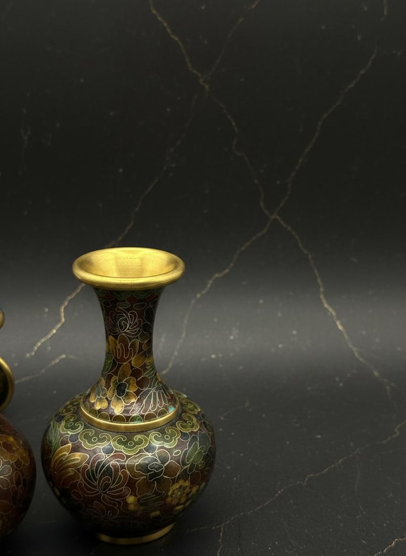 Pair of Vintage Chinese Cloisonne Vases, 4 Inch Floral Enamel with Gold Tone Trim - 3