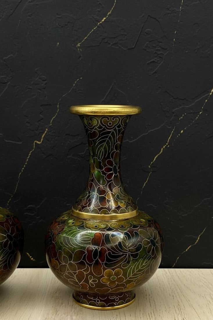 Pair of Vintage Chinese Cloisonne Vases, 4 Inch Floral Enamel with Gold Tone Trim - 6