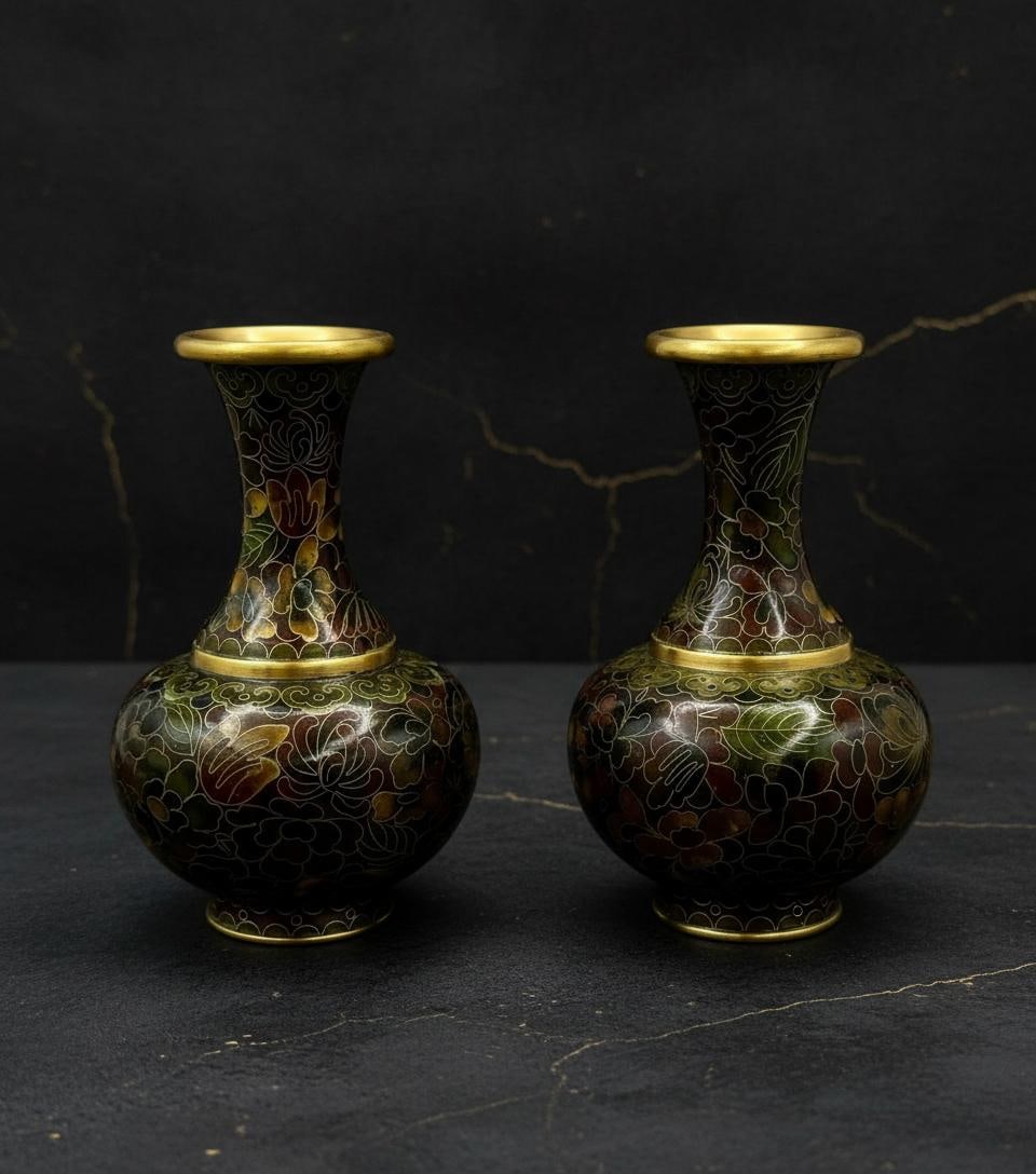 Pair of Vintage Chinese Cloisonne Vases, 4 Inch Floral Enamel with Gold Tone Trim - 7
