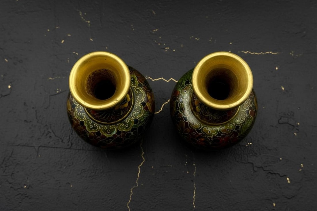 Pair of Vintage Chinese Cloisonne Vases, 4 Inch Floral Enamel with Gold Tone Trim - 8