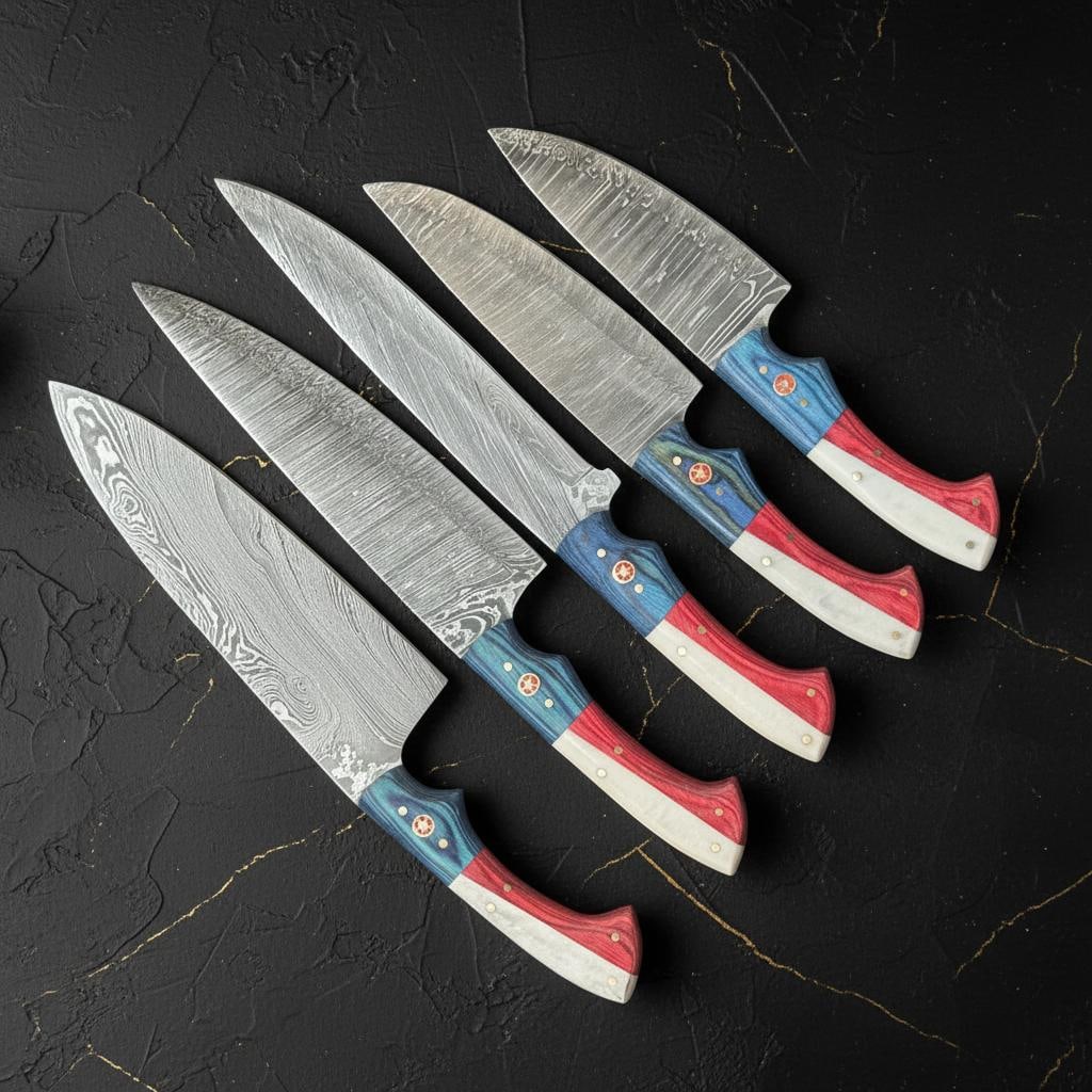 Handmade 5pc Damascus Steel Chef Knife Set with Texas Flag Pakkawood Handles: Title:Handmade 5pc Damascus Steel Chef Knife Set with Texas Flag Pakkawood HandlesDescription:This listing is for a high-quality, handmade 5-piece chef knife set. Each knife is crafted from durable