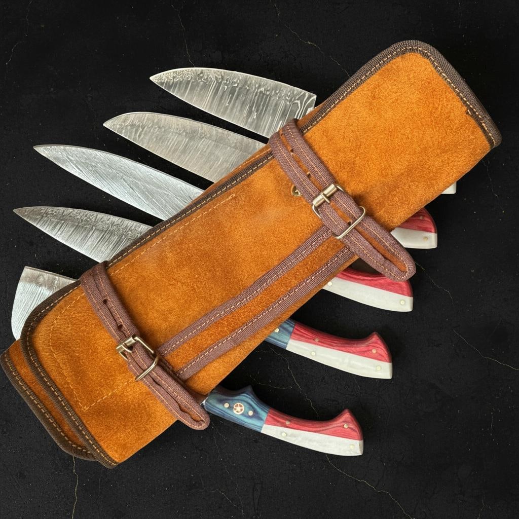 Handmade 5pc Damascus Steel Chef Knife Set with Texas Flag Pakkawood Handles - 2