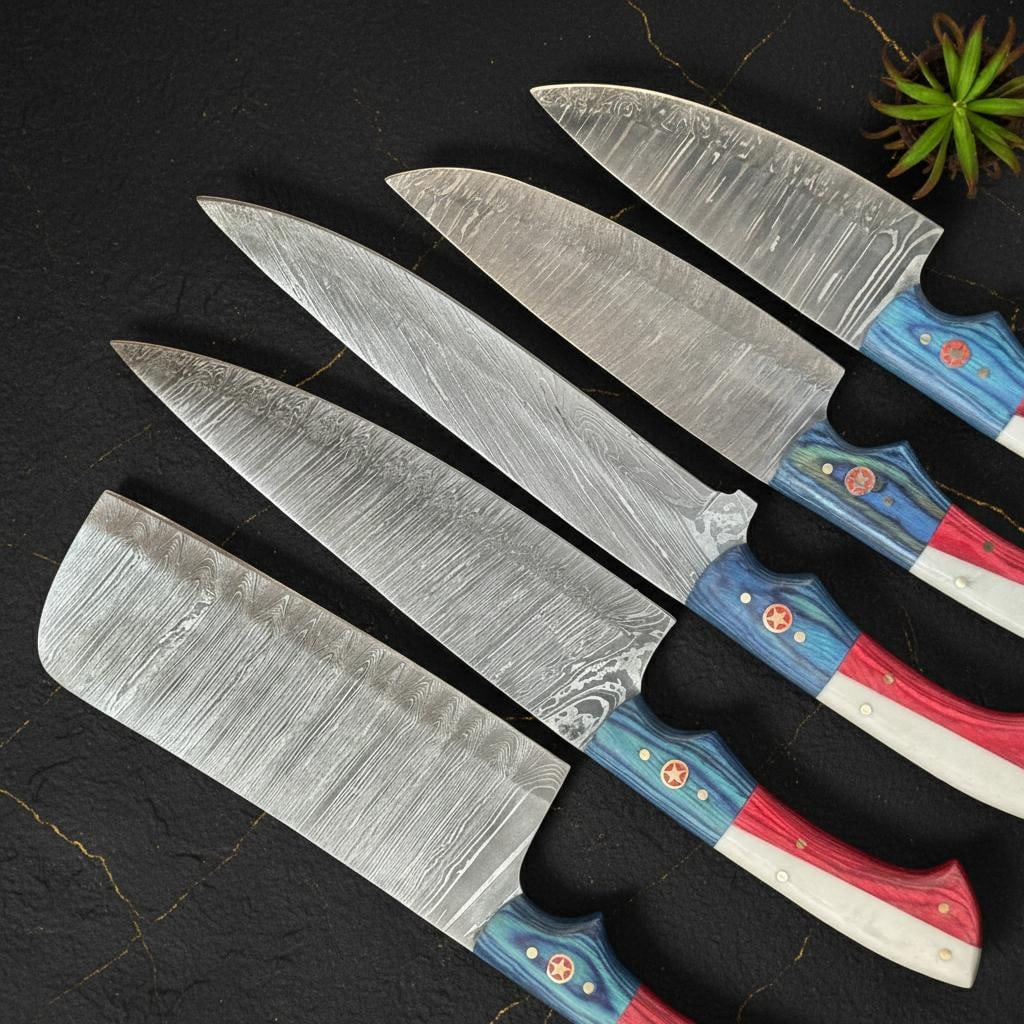 Handmade 5pc Damascus Steel Chef Knife Set with Texas Flag Pakkawood Handles - 3