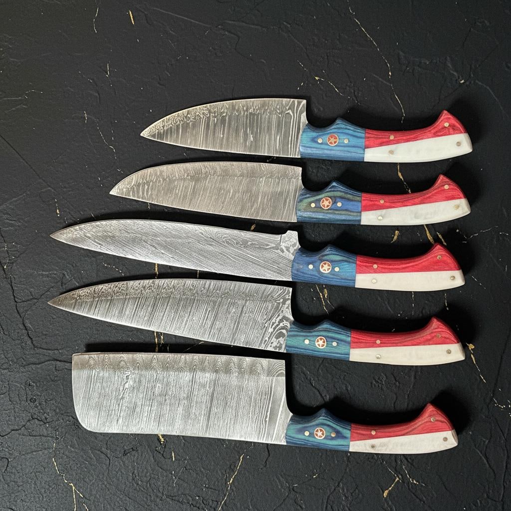 Handmade 5pc Damascus Steel Chef Knife Set with Texas Flag Pakkawood Handles - 4