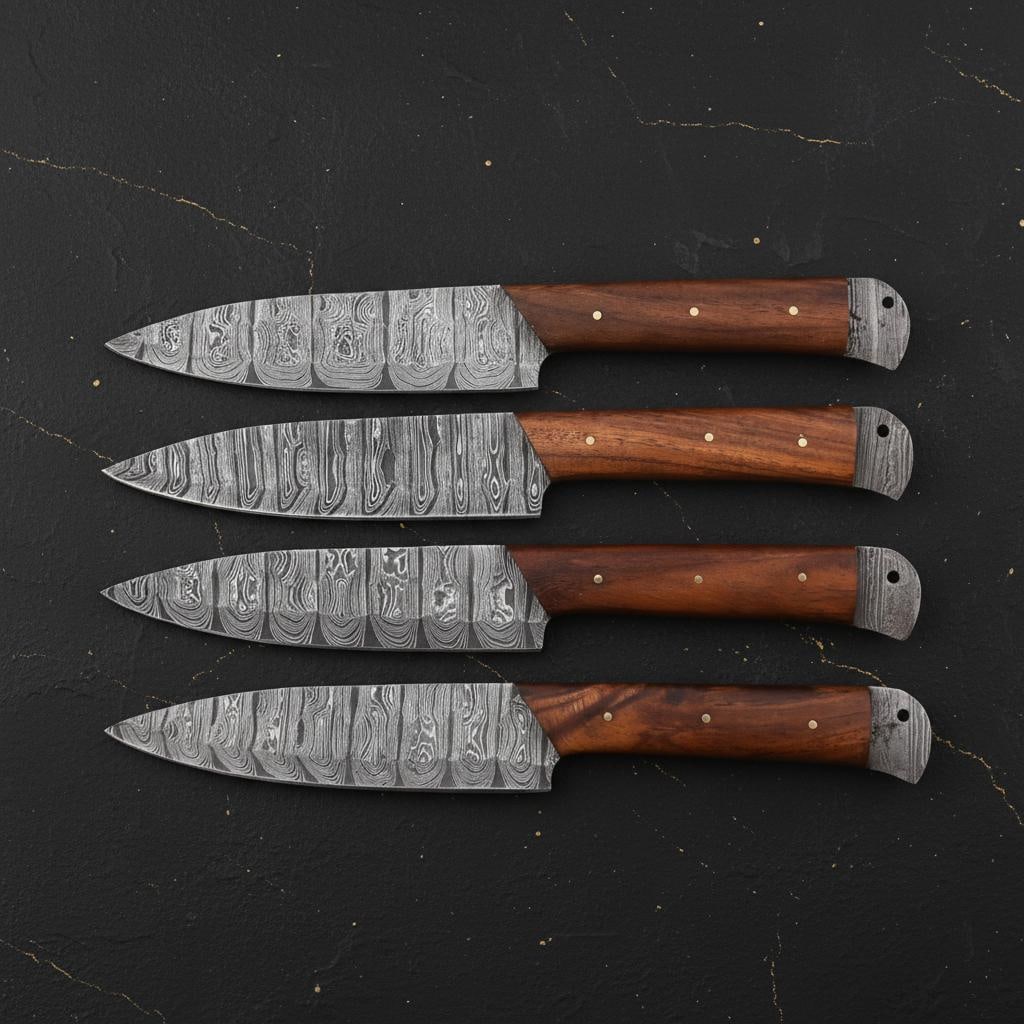 Set of 4 Damascus Steel Steak Knives - Hand Forged, Twist Pattern, Rosewood Handle - 2