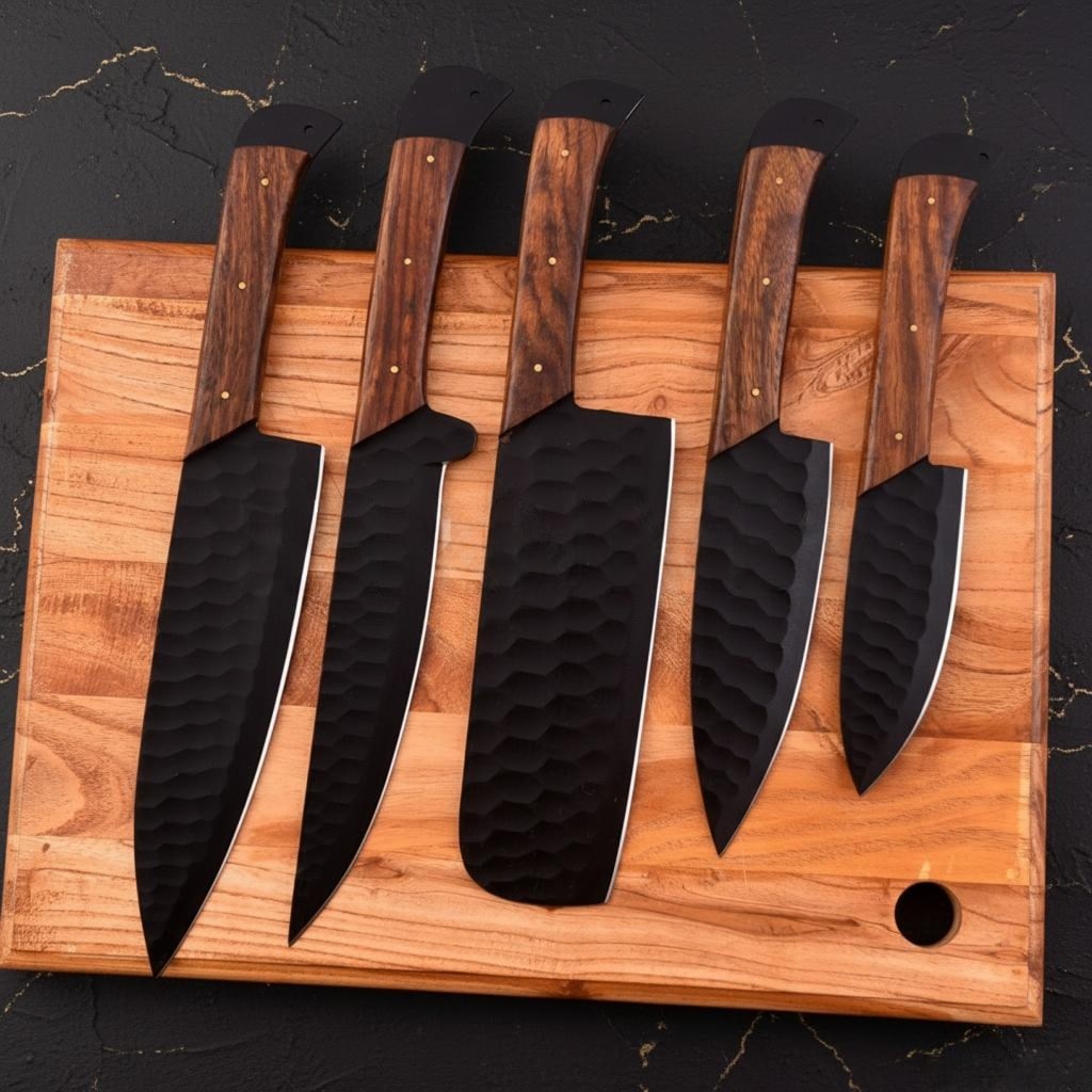 Handmade Damascus Steel Chef Knife Set 5-Piece Kitchen Knives with Leather Bag - 2