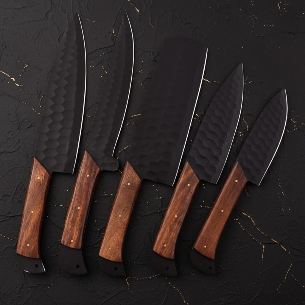 Handmade Damascus Steel Chef Knife Set 5-Piece Kitchen Knives with Leather Bag - 3