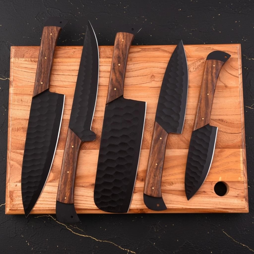 Handmade Damascus Steel Chef Knife Set 5-Piece Kitchen Knives with Leather Bag - 4