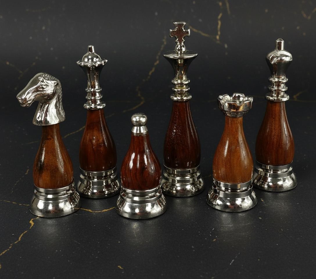 Staunton Chess Set Pieces, 32 Metal Figures in Black Chrome Brass with Wood Inserts (1 of 4)
