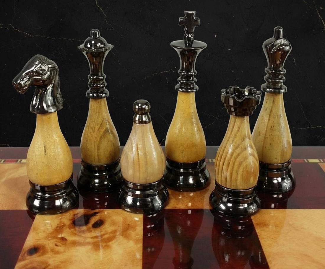 Staunton Chess Set Pieces, 32 Metal Figures in Black Chrome Brass with Wood Inserts - 2