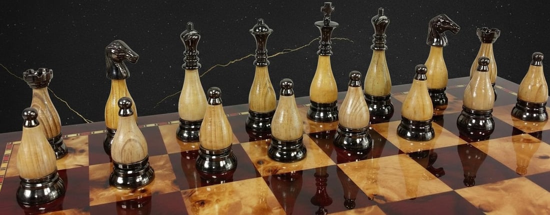 Staunton Chess Set Pieces, 32 Metal Figures in Black Chrome Brass with Wood Inserts - 3