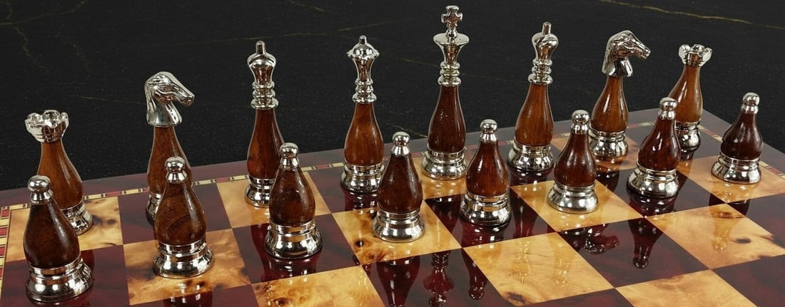 Staunton Chess Set Pieces, 32 Metal Figures in Black Chrome Brass with Wood Inserts - 4