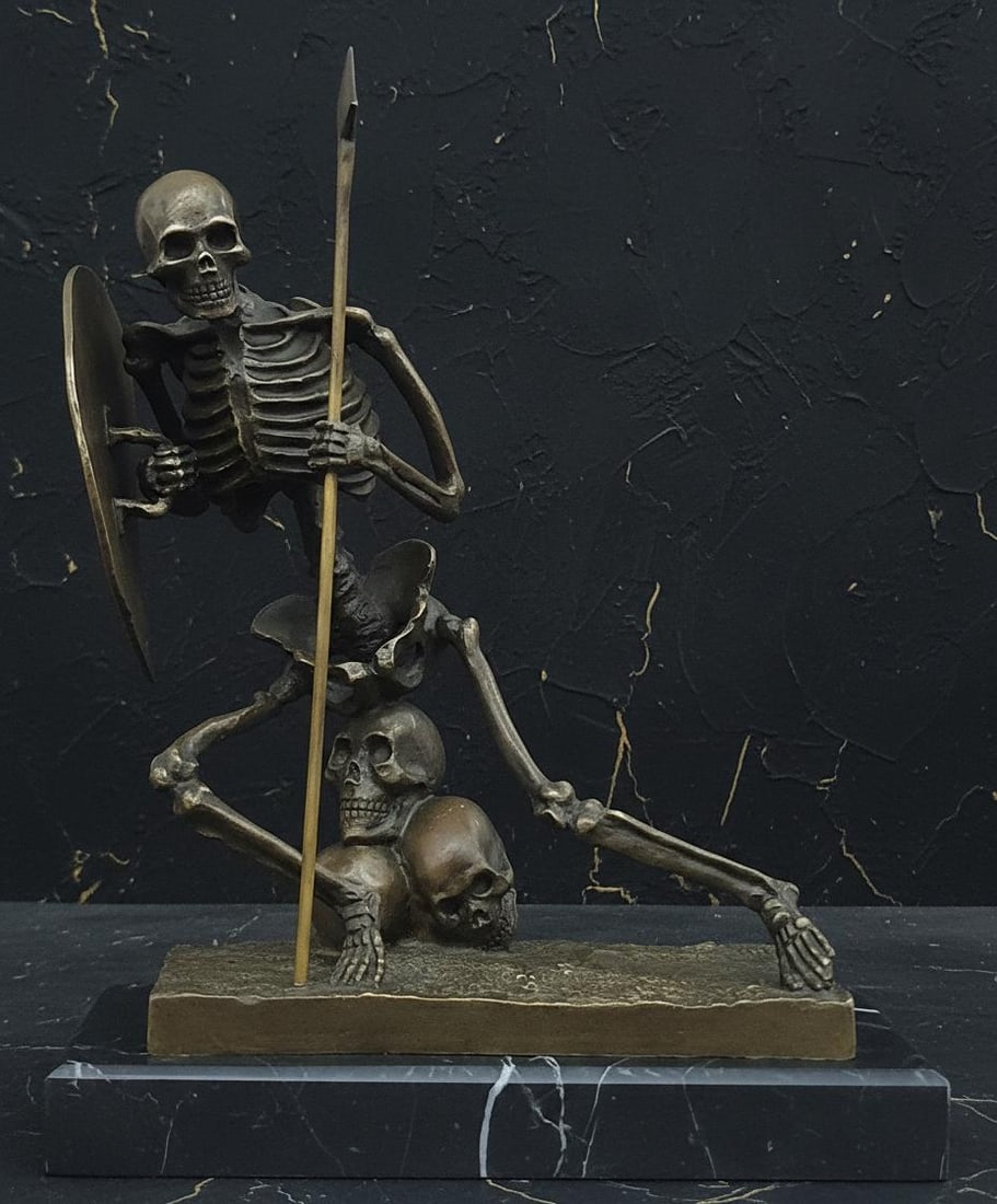 Skeleton Warrior on Skull Bronze Statue by Milo Modern Macabre Art Figure (1 of 8)