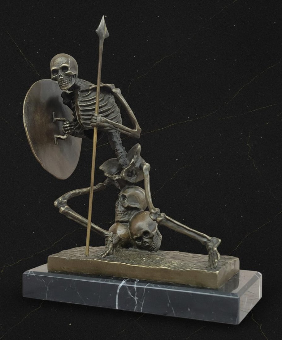 Skeleton Warrior on Skull Bronze Statue by Milo Modern Macabre Art Figure - 2