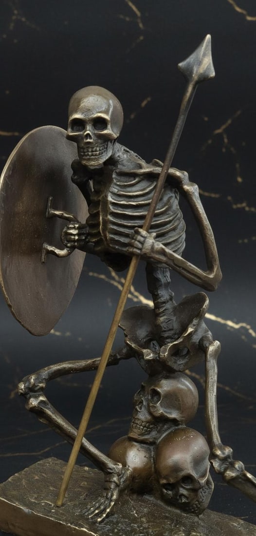 Skeleton Warrior on Skull Bronze Statue by Milo Modern Macabre Art Figure - 4