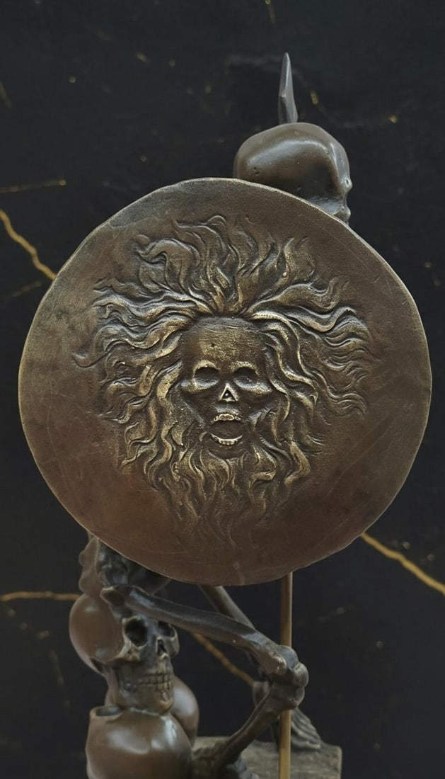 Skeleton Warrior on Skull Bronze Statue by Milo Modern Macabre Art Figure - 6